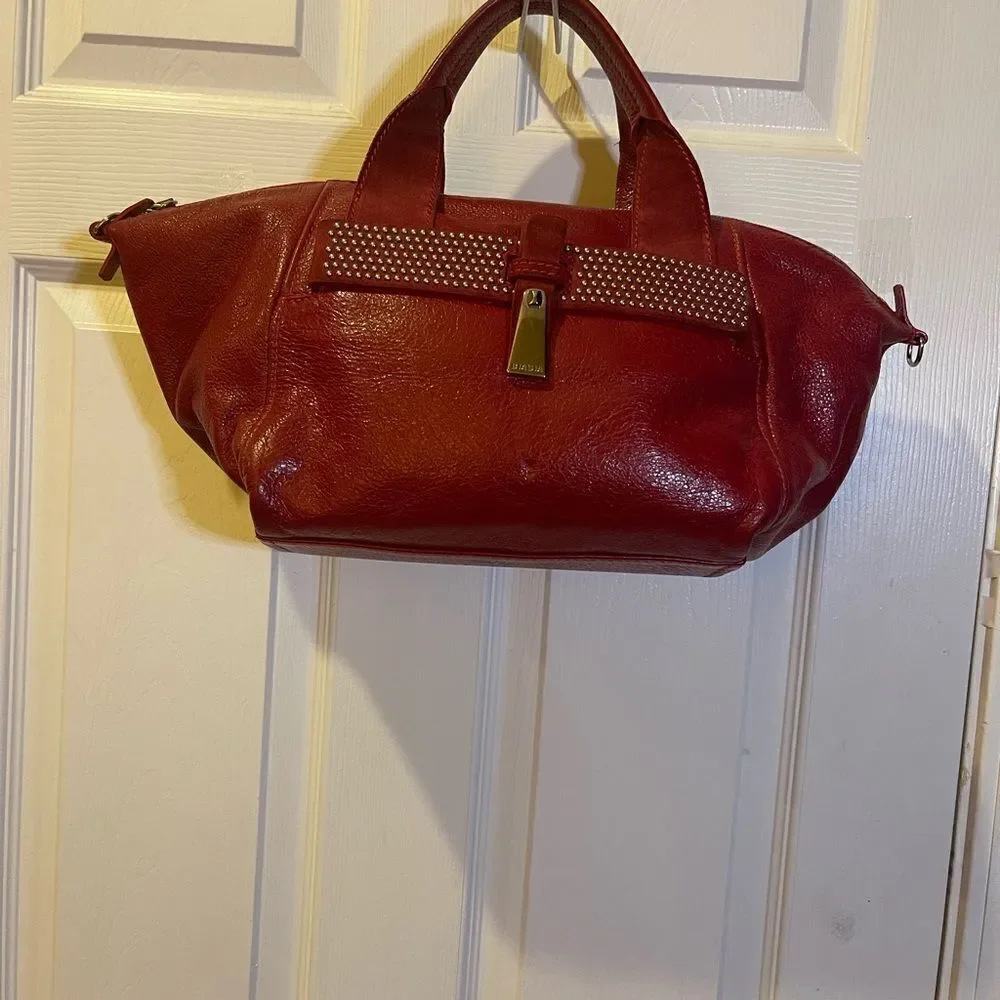 Francesco Biasia leather & suede deep Red medium Satchel gold studs accents.